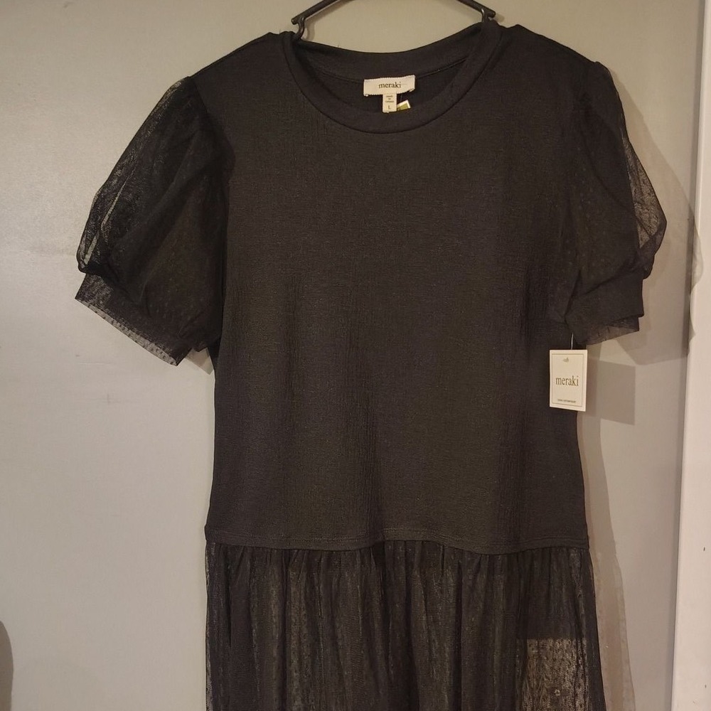 Meraki Black Tulle Puff Sleeve Polka Dot Tiered Dress Large NWT